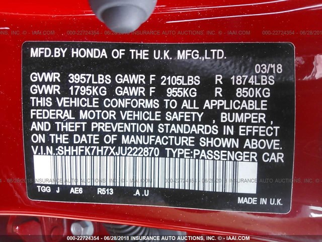 SHHFK7H7XJU222870 - 2018 HONDA CIVIC EXL 红色 照片 9