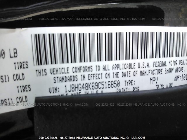 1J8HG48K69C516850 - 2009 JEEP COMMANDER SPORT შავი ფოტო 9