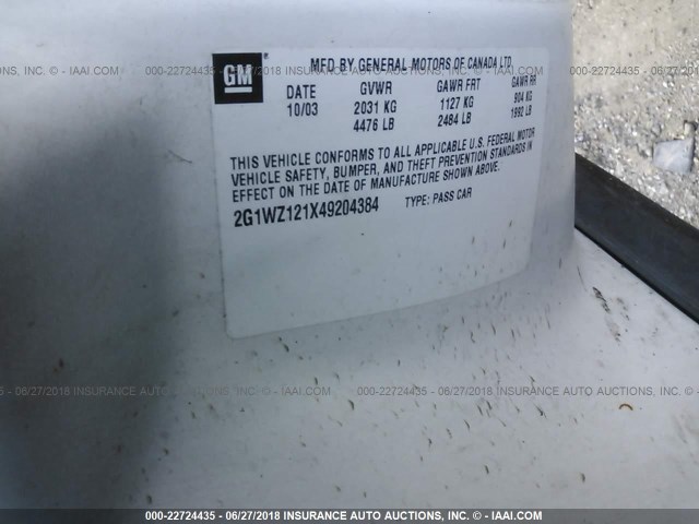 2G1WZ121X49204384 - 2004 CHEVROLET MONTE CARLO SS SUPERCHARGED WHITE photo 9