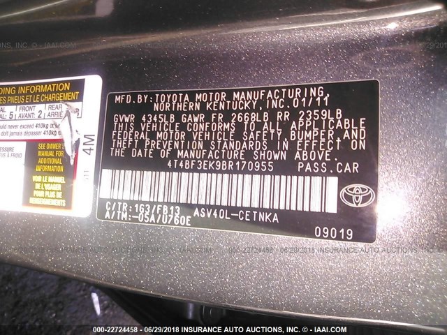 4T4BF3EK9BR170955 - 2011 TOYOTA CAMRY SE/LE/XLE GRAY photo 9