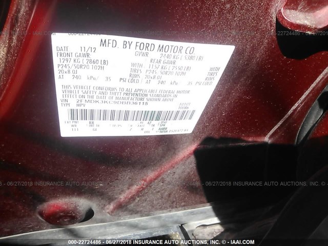 2FMDK3KC9DBB36115 - 2013 FORD EDGE LIMITED RED photo 9