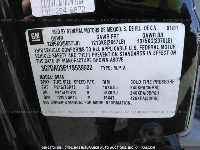 3G7DA03E11S539922 - 2001 PONTIAC AZTEK BLACK photo 9