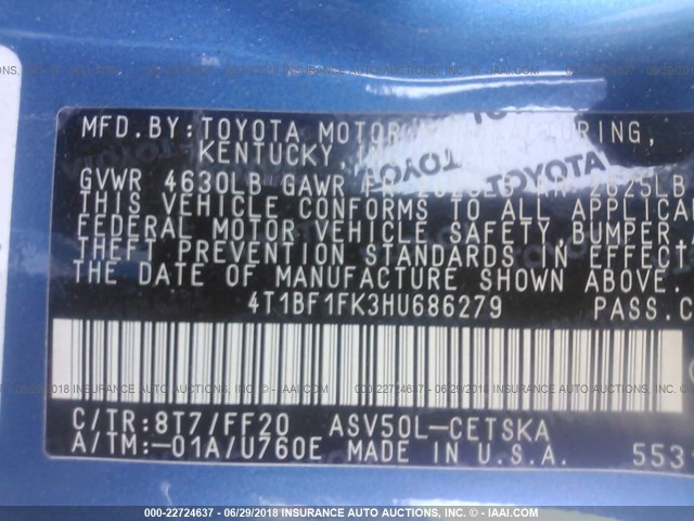 4T1BF1FK3HU686279 - 2017 TOYOTA CAMRY LE/XLE/SE/XSE 蓝色 照片 9