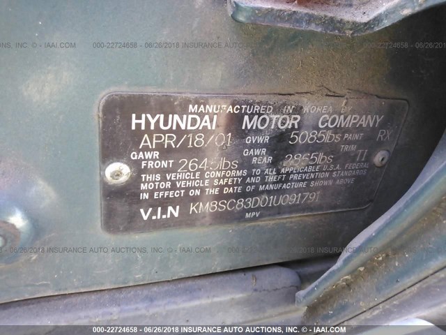 KM8SC83D01U091791 - 2001 HYUNDAI SANTA FE GLS/LX GREEN photo 9