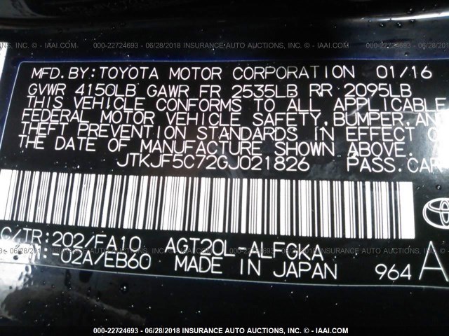 JTKJF5C72GJ021826 - 2016 TOYOTA SCION TC 黑色 照片 9
