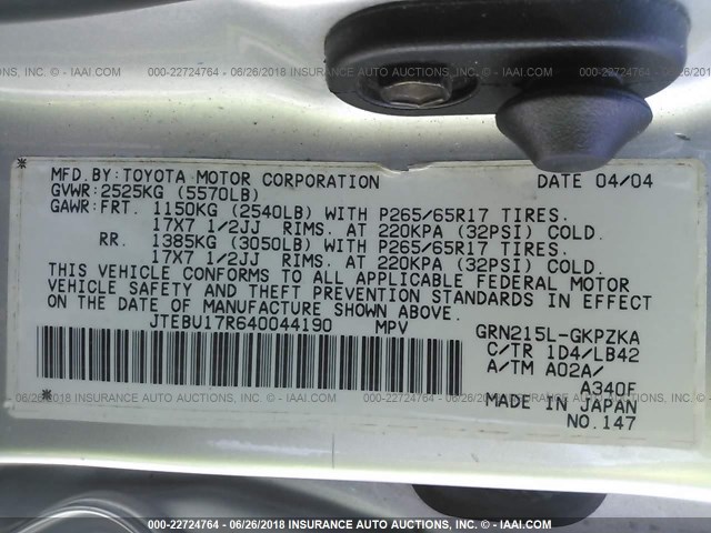 JTEBU17R640044190 - 2004 TOYOTA 4RUNNER LIMITED SILVER photo 9