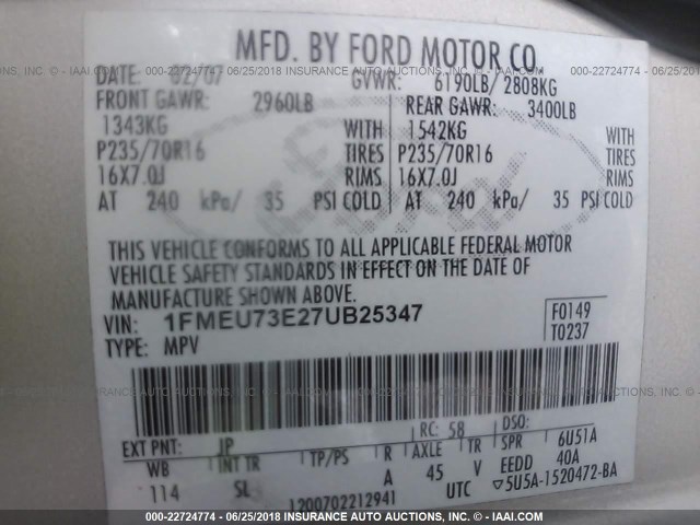 1FMEU73E27UB25347 - 2007 FORD EXPLORER XLT SILVER photo 9