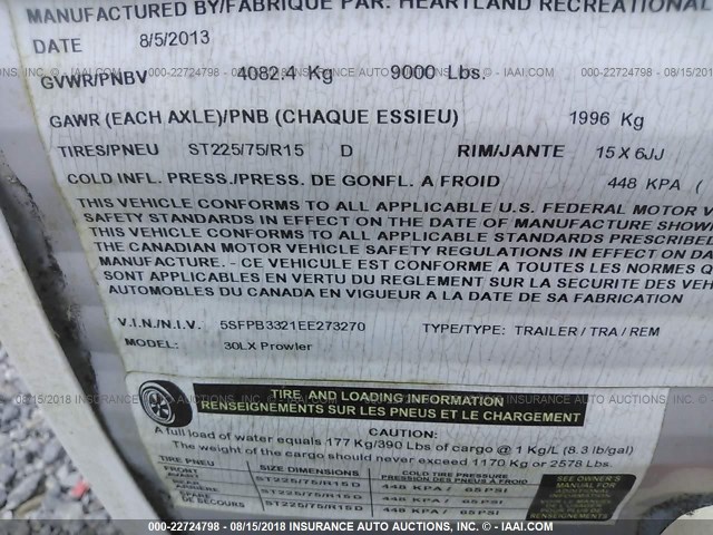 5SFPB3321EE273270 - 2014 HEARTLAND PROWLER  WHITE photo 9