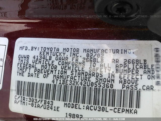 4T1BE32K42U055360 - 2002 TOYOTA CAMRY LE/XLE/SE წითელი ფოტო 9