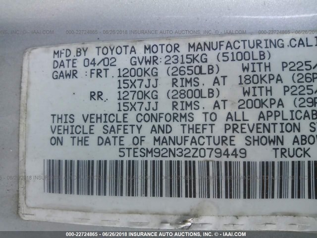 5TESM92N32Z079449 - 2002 TOYOTA TACOMA XTRACAB PRERUNNER ვერცხლისფერი ფოტო 9