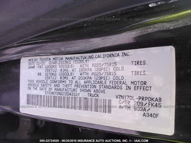 5TEHN72N22Z043134 - 2002 TOYOTA TACOMA DOUBLE CAB 黑色 照片 9