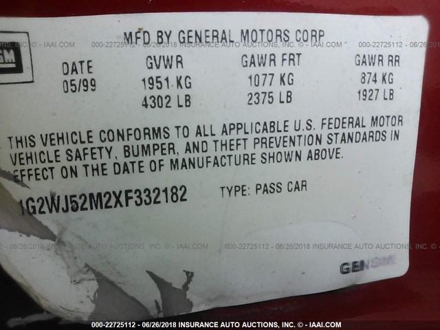 1G2WJ52M2XF332182 - 1999 PONTIAC GRAND PRIX SE RED photo 9