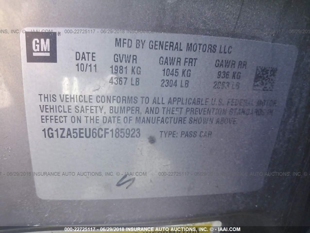 1G1ZA5EU6CF185923 - 2012 CHEVROLET MALIBU LS ნაცრისფერი ფოტო 9