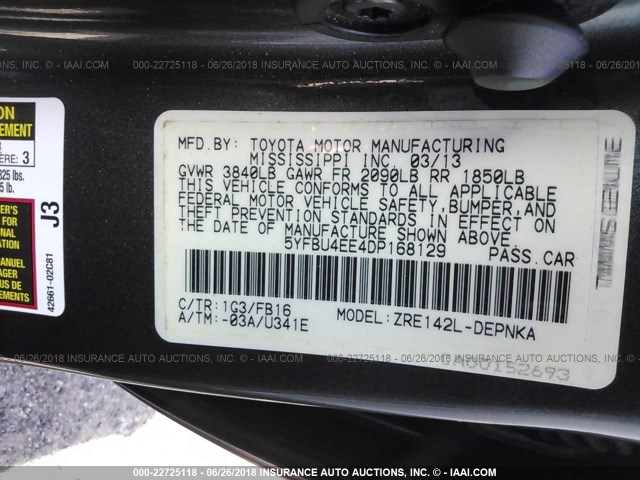 5YFBU4EE4DP168129 - 2013 TOYOTA COROLLA S/LE ნაცრისფერი ფოტო 9