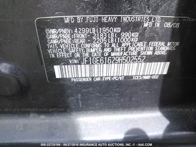 JF1GE61629H502552 - 2009 SUBARU IMPREZA 2.5I BLACK photo 9