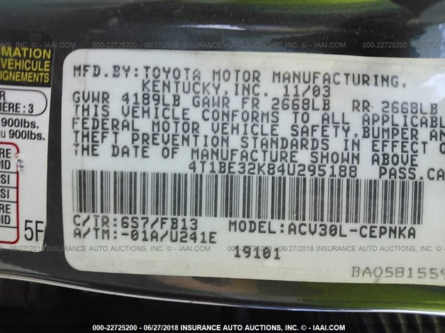 4T1BE32K84U295188 - 2004 TOYOTA CAMRY LE/XLE/SE 绿色 照片 9