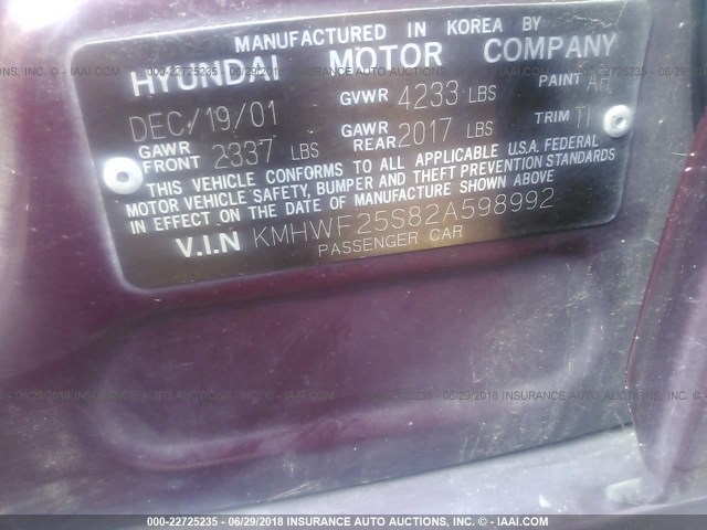 KMHWF25S82A598992 - 2002 HYUNDAI SONATA GL BURGUNDY photo 9