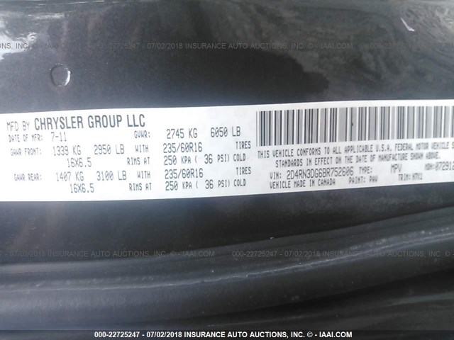 2D4RN3DG6BR752606 - 2011 DODGE GRAND CARAVAN MAINSTREET BLACK photo 9