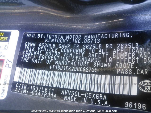 4T1BD1FK2DU092735 - 2013 TOYOTA CAMRY HYBRID/LE/XLE 灰色 照片 9