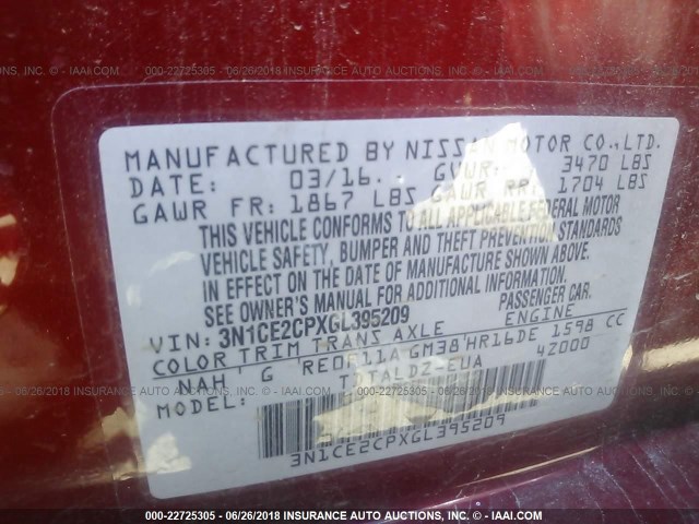 3N1CE2CPXGL395209 - 2016 NISSAN VERSA NOTE S/S PLUS/SV/SL/SR RED photo 9