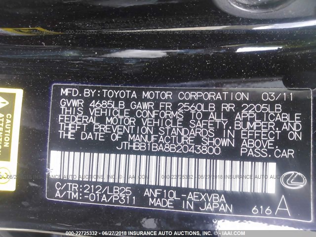 JTHBB1BA8B2043800 - 2011 LEXUS HS 250H BLACK photo 9