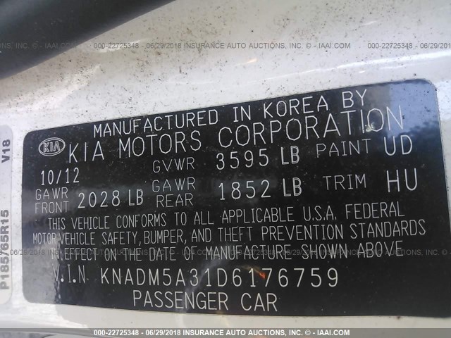 KNADM5A31D6176759 - 2013 KIA RIO LX WHITE photo 9