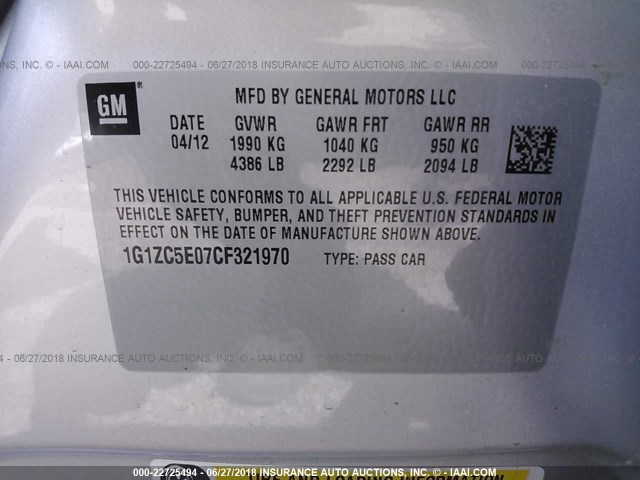 1G1ZC5E07CF321970 - 2012 CHEVROLET MALIBU 1LT 银色 照片 9