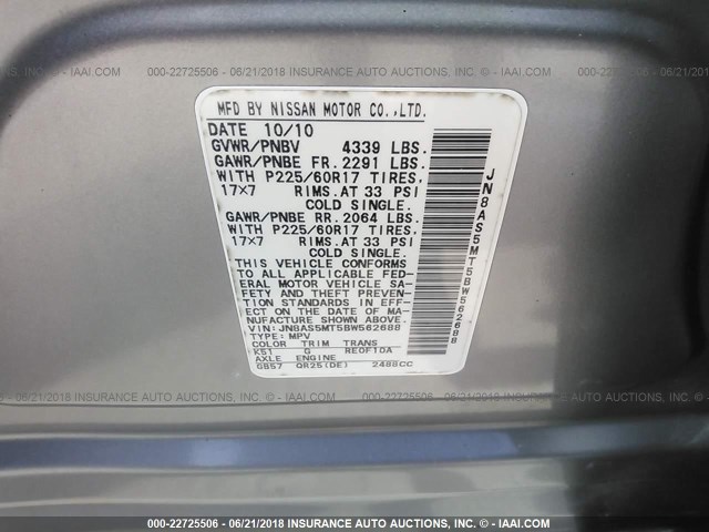 JN8AS5MT5BW562688 - 2011 NISSAN ROGUE S/SV/KROM GRAY photo 9