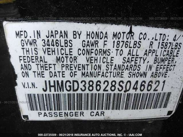 JHMGD38628S046621 - 2008 HONDA FIT SPORT შავი ფოტო 9