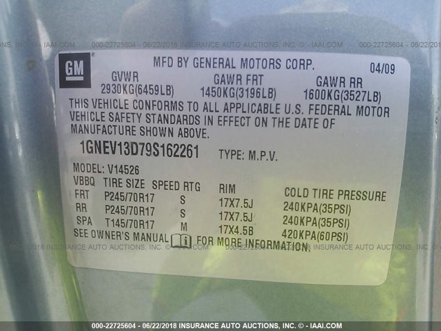 1GNEV13D79S162261 - 2009 CHEVROLET TRAVERSE LS GREEN photo 9