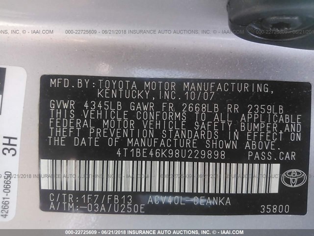 4T1BE46K98U229898 - 2008 TOYOTA CAMRY CE/LE/XLE/SE SILVER photo 9