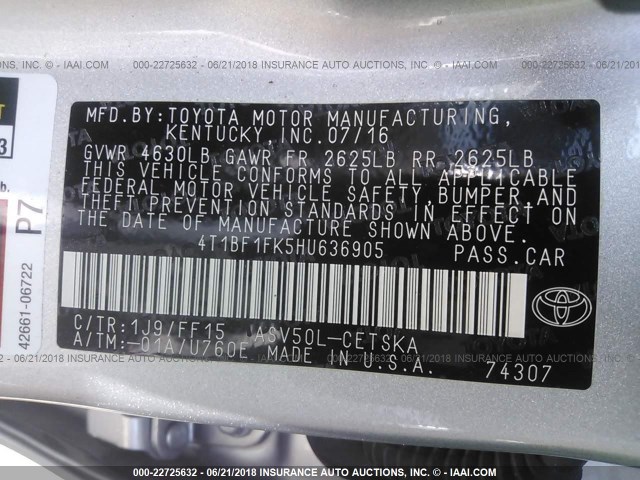 4T1BF1FK5HU636905 - 2017 TOYOTA CAMRY LE/XLE/SE/XSE SILVER photo 9