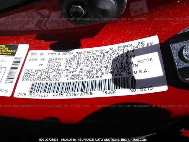 5TELU42N75Z120435 - 2005 TOYOTA TACOMA DOUBLE CAB 红色 照片 9