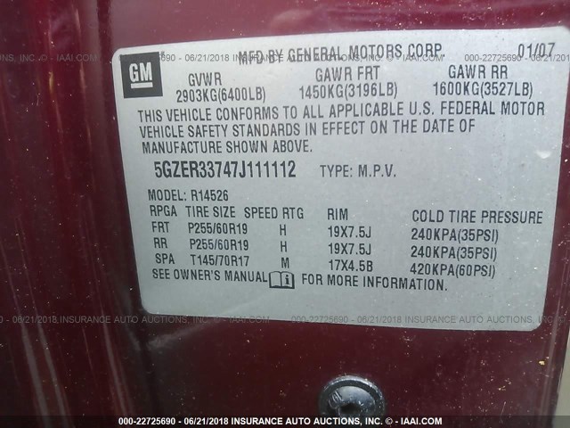 5GZER33747J111112 - 2007 SATURN OUTLOOK SPECIAL წითელი ფოტო 9