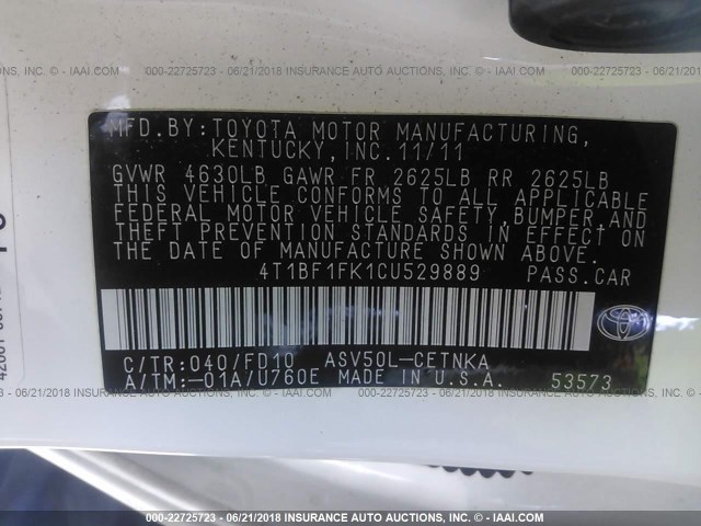 4T1BF1FK1CU529889 - 2012 TOYOTA CAMRY SE/LE/XLE WHITE photo 9