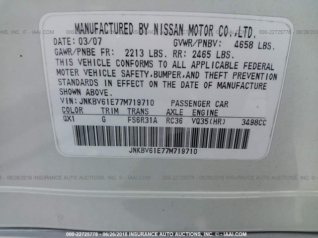 JNKBV61E77M719710 - 2007 INFINITI G35 WHITE photo 9