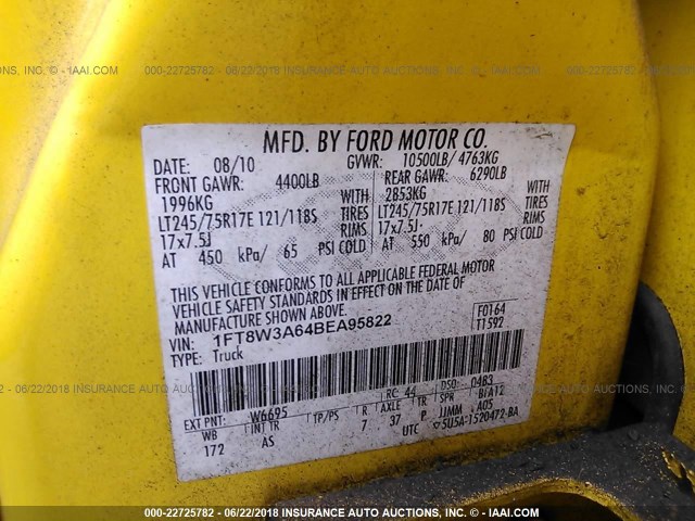 1FT8W3A64BEA95822 - 2011 FORD F350 SUPER DUTY YELLOW photo 10