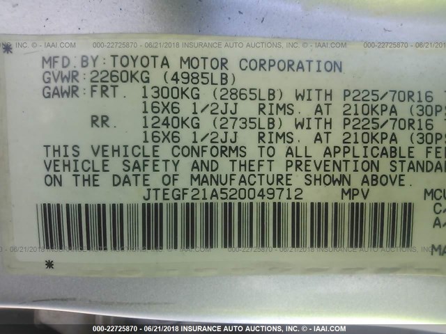 JTEGF21A520049712 - 2002 TOYOTA HIGHLANDER LIMITED SILVER photo 9