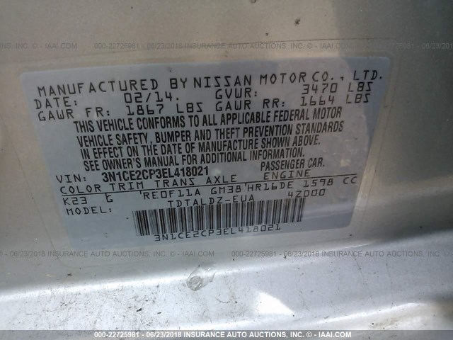 3N1CE2CP3EL418021 - 2014 NISSAN VERSA NOTE S/S PLUS/SV/SL SILVER photo 9