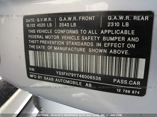 YS3FH79Y746006538 - 2004 SAAB 9-3 AERO SILVER photo 9