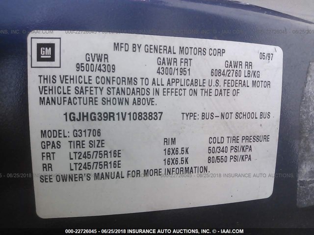 1GJHG39R1V1083837 - 1997 GMC SAVANA G3500 BLUE photo 9