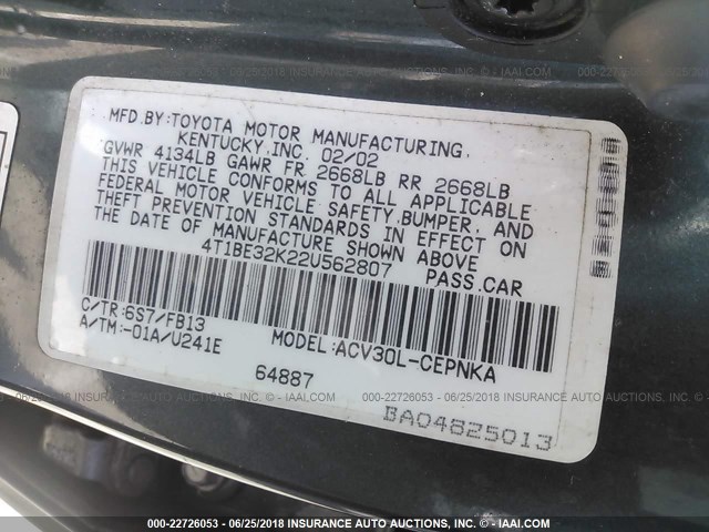 4T1BE32K22U562807 - 2002 TOYOTA CAMRY LE/XLE/SE Yaşıl foto 9
