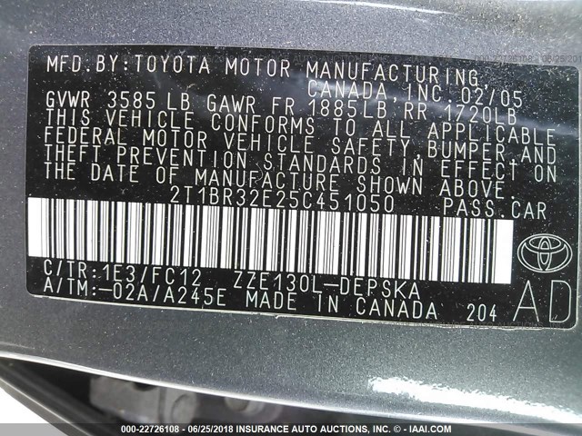 2T1BR32E25C451050 - 2005 TOYOTA COROLLA CE/LE/S GRAY photo 9