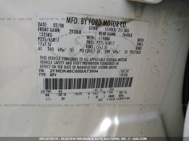 2FMDK48C68BA73994 - 2008 FORD EDGE SEL CREAM photo 9