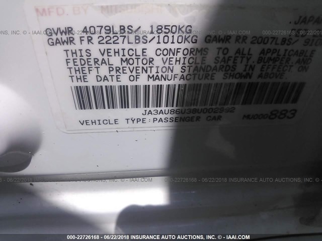 JA3AU86U38U002992 - 2008 MITSUBISHI LANCER GTS თეთრი ფოტო 9