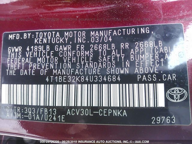 4T1BE32K84U334684 - 2004 TOYOTA CAMRY LE/XLE/SE 勃艮第红 照片 9