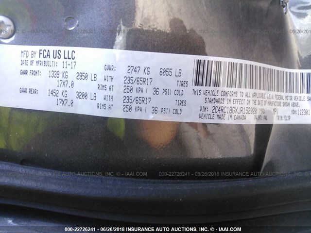 2C4RC1BGXJR152020 - 2018 CHRYSLER PACIFICA TOURING L Մոխրագույն լուսանկար 9