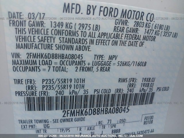 2FMHK6D88HBA08045 - 2017 FORD FLEX LIMITED WHITE photo 9