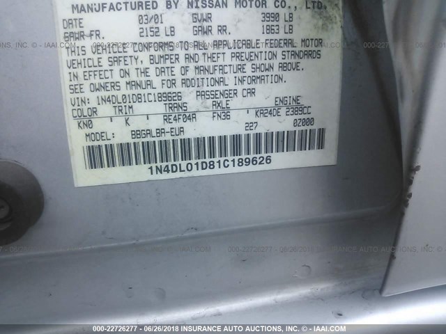 1N4DL01D81C189626 - 2001 NISSAN ALTIMA XE/GXE/SE GOLD photo 9