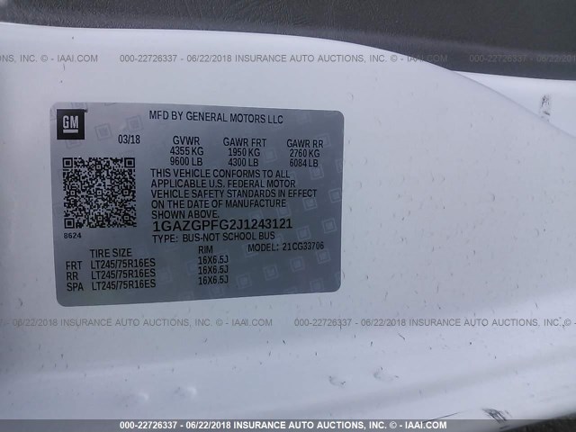 1GAZGPFG2J1243121 - 2018 CHEVROLET EXPRESS G3500 LT WHITE photo 9